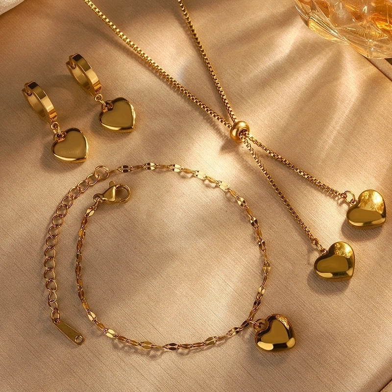 Fairy Style Cute Sweet Heart Shape 304 Stainless Steel 18K Gold Plated Jewelry Set