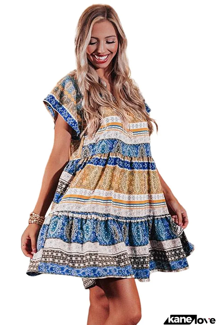 Beige Accent Color Block Bohemian Print Short Sleeve Mini Dress