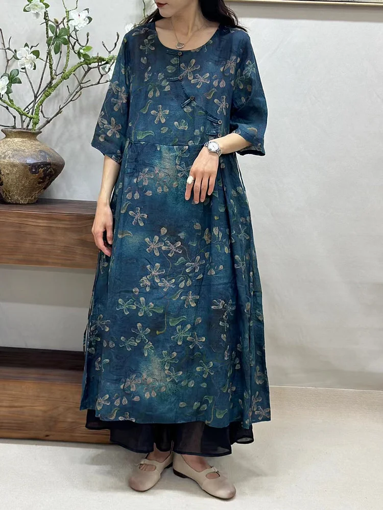 Women Summer Vintage Floral Buckle Ramie Loose Dress