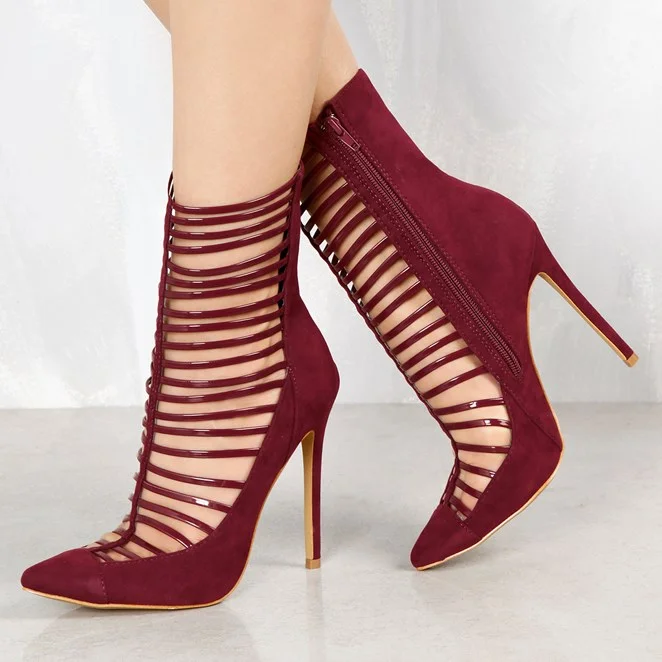 Burgundy Strappy Suede Pointy Toe Stiletto Heels Pumps Vdcoo
