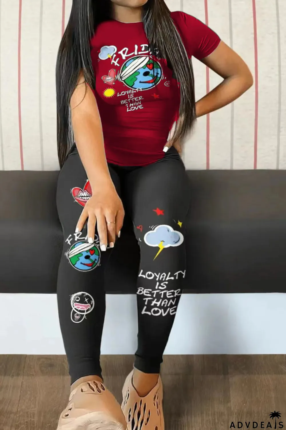 Black Red Casual Print Patchwork O Neck Plus Size Two Pieces