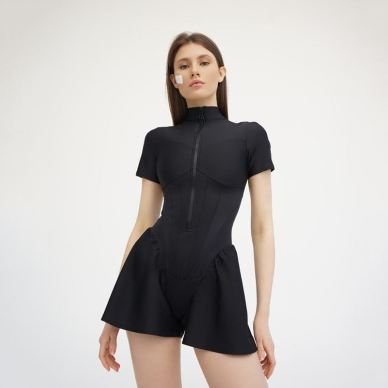 Women Playsuit Outfit Shapewear One Piece Bodycon Jumpsuit Half Sleeve Tops Slim Zipper Female Bodysuit Y2K Clothing Rompers