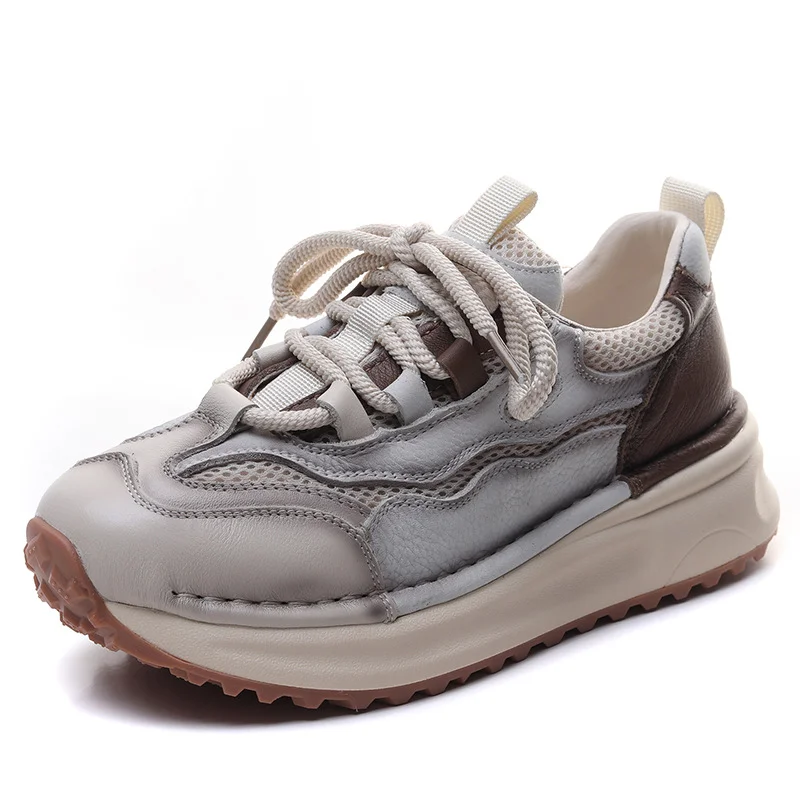 Yyvonne Layer Cowhedry Breathable Mesh Color Old Dad Shoes Women In Spring 2025 New Thick-Bottomed Sports Leisure Single Shoes