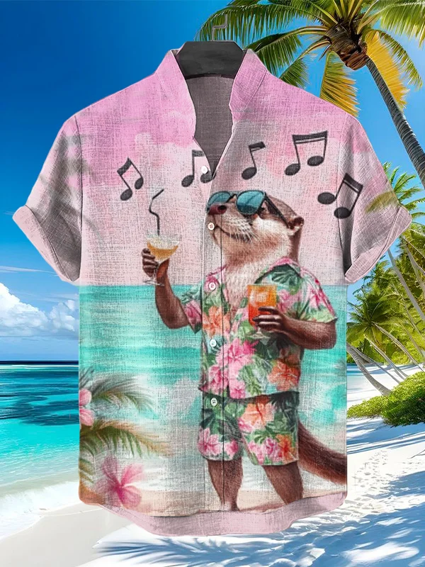 Men's Musical Note Otter Floral Print Short Sleeve Shirt