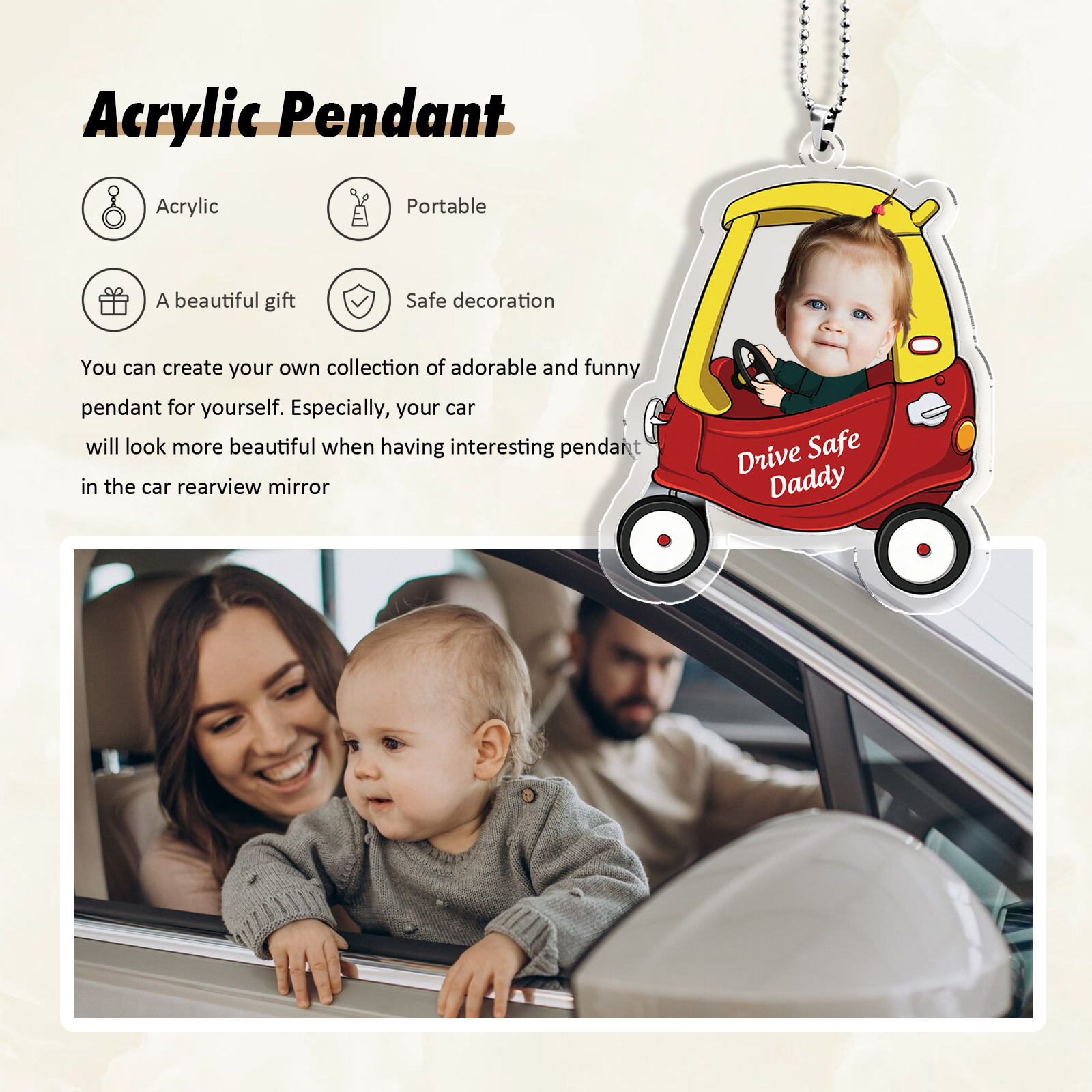 Personalised Car Hanging Ornament Custom Photo & Text & Name Keychain Acrylic Pendant Gift for Dad/Mom-Jessemade AU