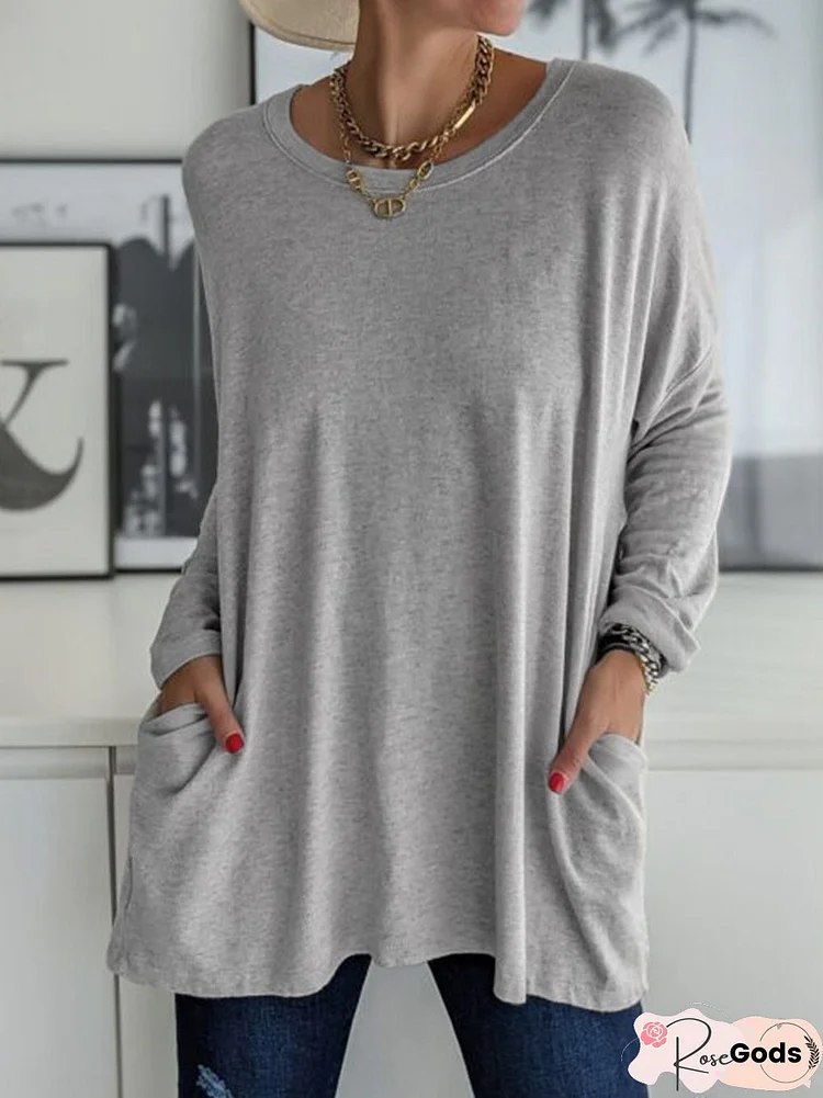 Loosen Plain Round Neck Shirts & Tops