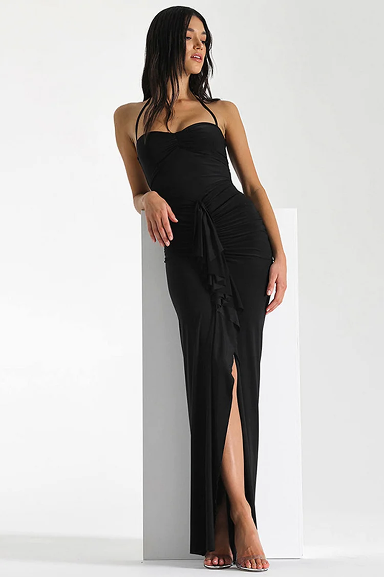Ruched Ruffle Halter Slit Bodycon Evening Maxi Dresses