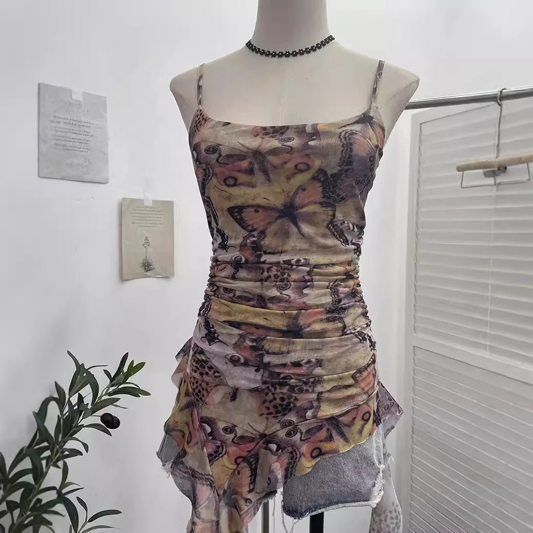 Churchf Spice Girls Irregularly Designed Lotus Leaf Edge Ribbon Sling Vest Tie Mesh Folding Top 9962