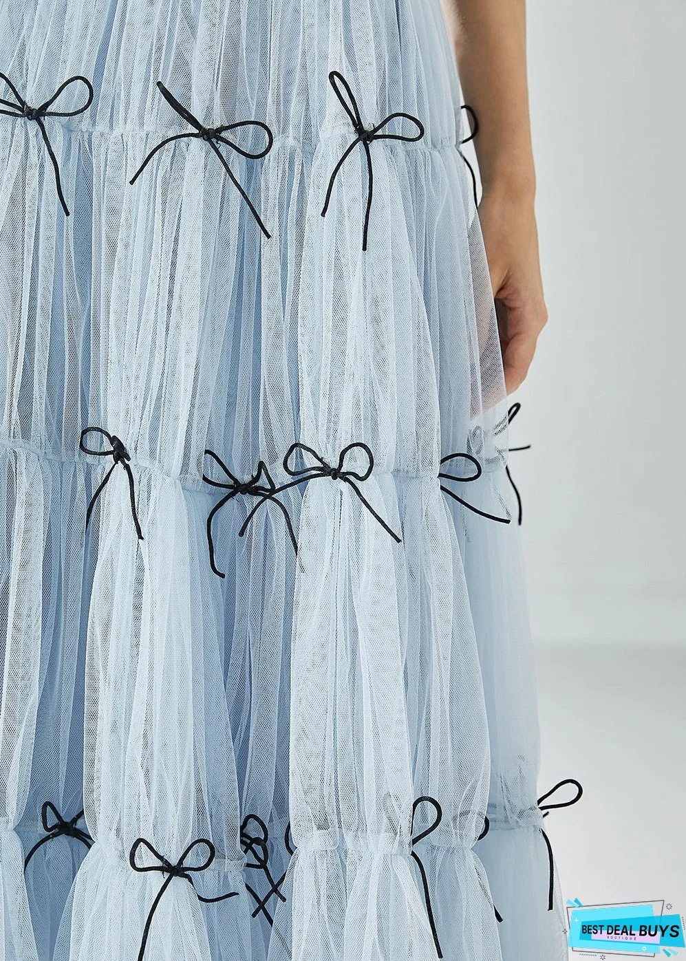 Women Sky Blue High Waist Patchwork Bow Tulle Skirt Summer