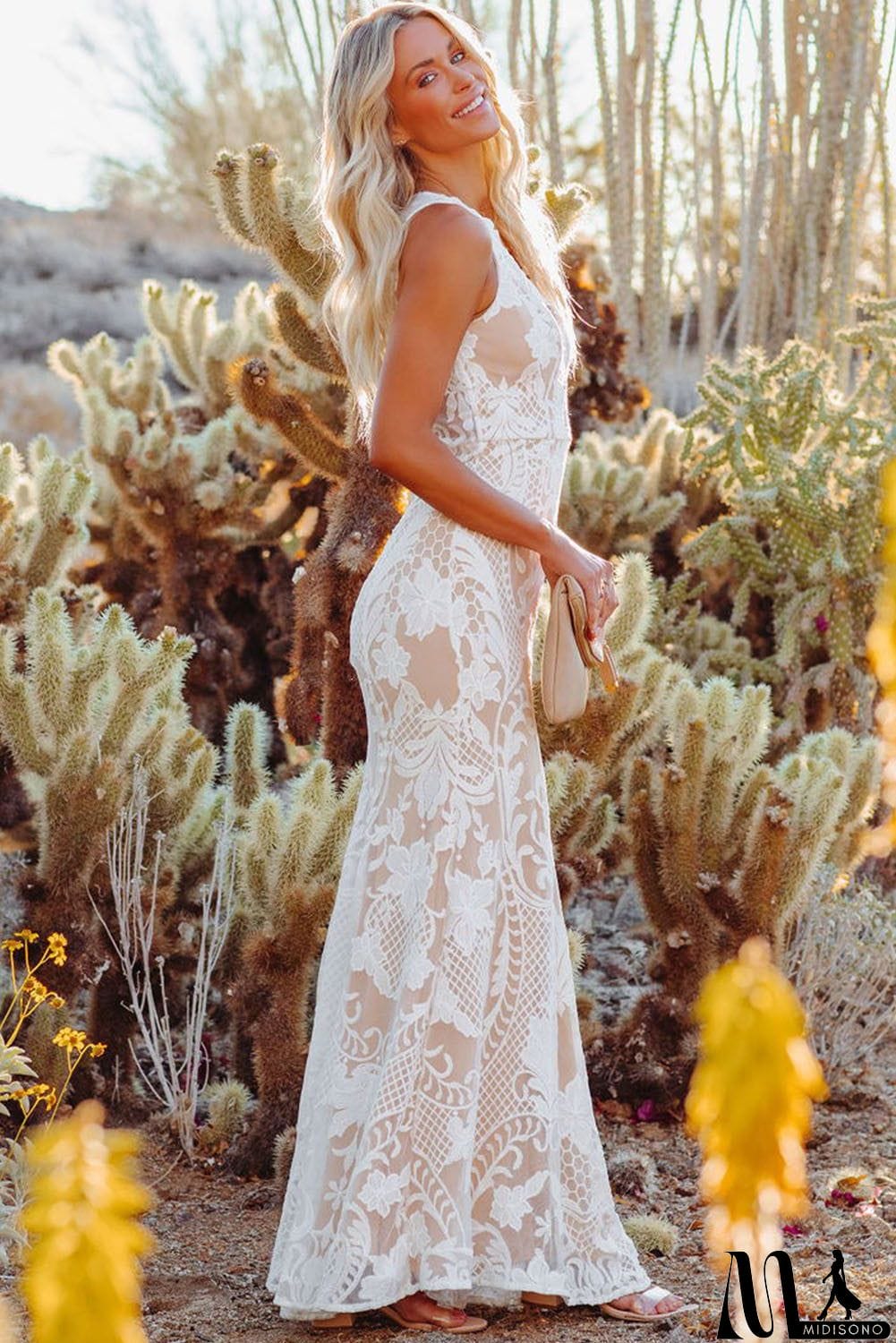 MidiSono - Zip Back Sleeveless Crochet Lace Maxi Dress