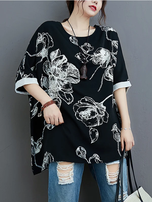 Vintage Floral Printed Chiffon Oversize T-shirt