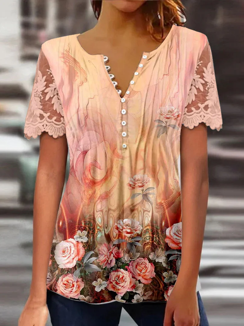 Women Short Sleeve V-neck Floral Printed Printed Graphic Lace Button Tops