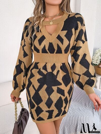 MidiSono - Contrast Round Neck Cutout Long Sleeve Mini Sweater Dress