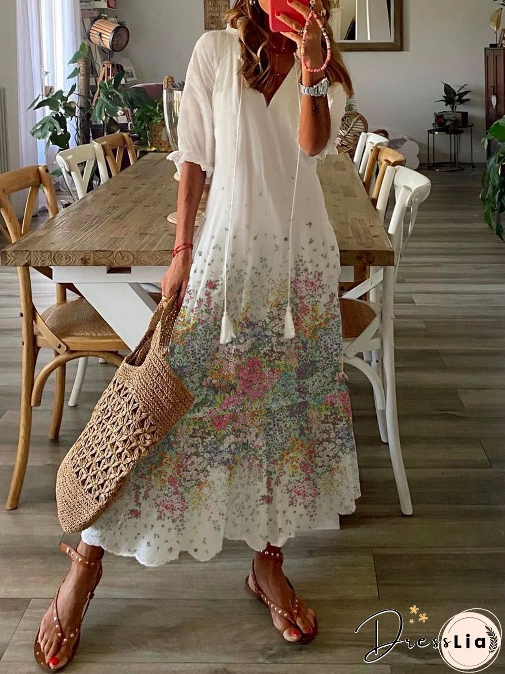 Casual V neck Floral Short Sleeve Loosen Dresses