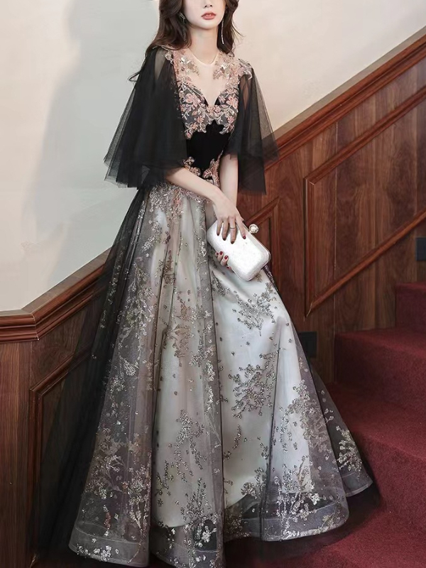 Gothic Dark Mesh Bandaged Bell Sleeve High-rise Maxi Dress