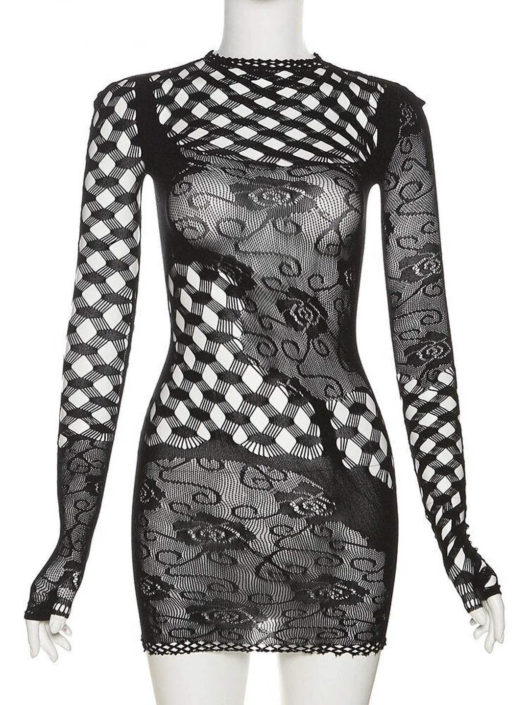 Patchwork Mesh Lace Mini Dress with Long Sleeve