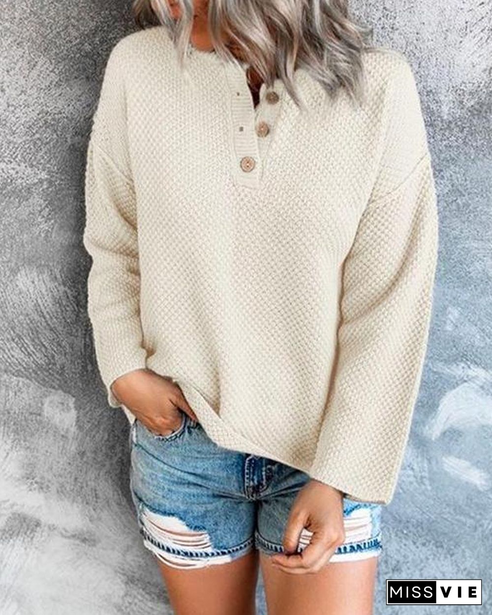 Comfy Cozy Sweater Drop Shoulder Button Up Knitting Top