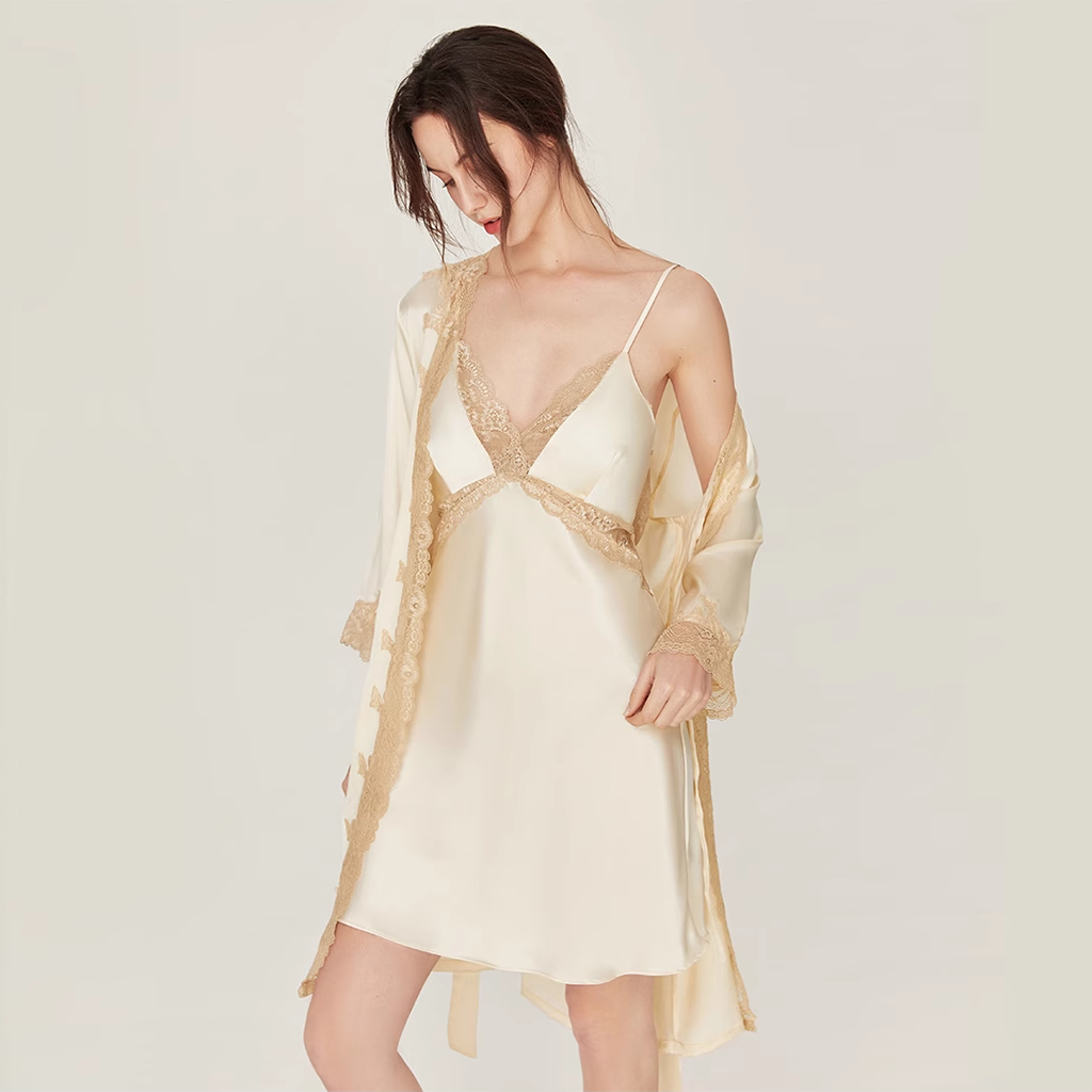 Backless Lace Silk Nightgown And Robe Set REAL SILK LIFE