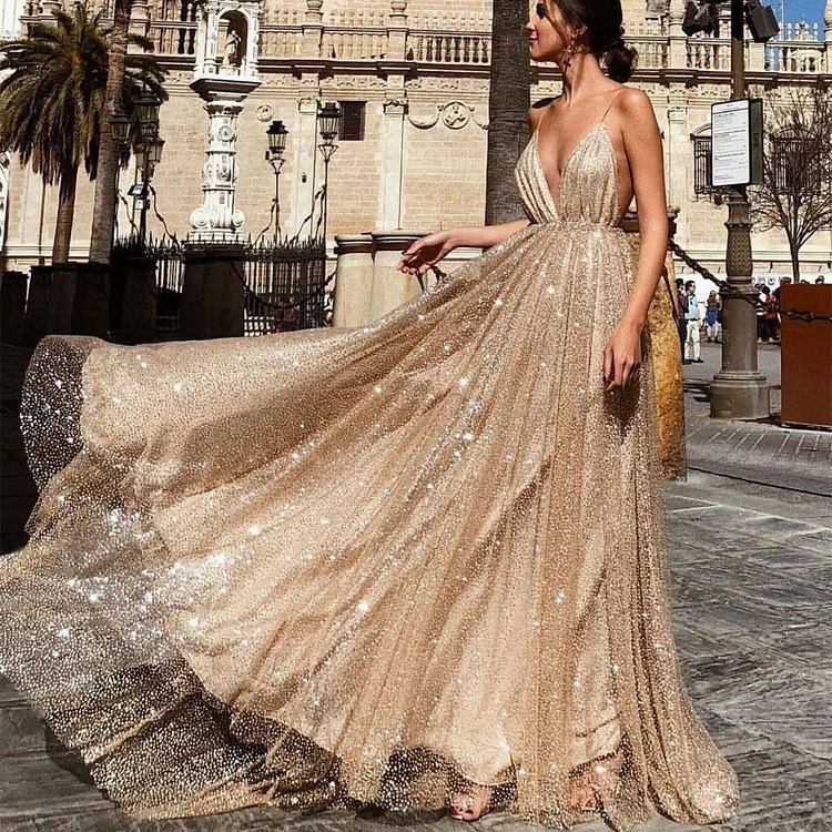 Sexy Gold Sequin Spaghetti Straps Evening Dress Party Fashion Elegant Prom Dress