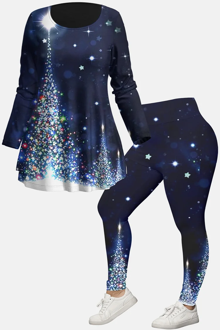 Flycurvy Plus Size Christmas Navy Blue Ombre Star Christmas Trees Print Two Piece Pant Set