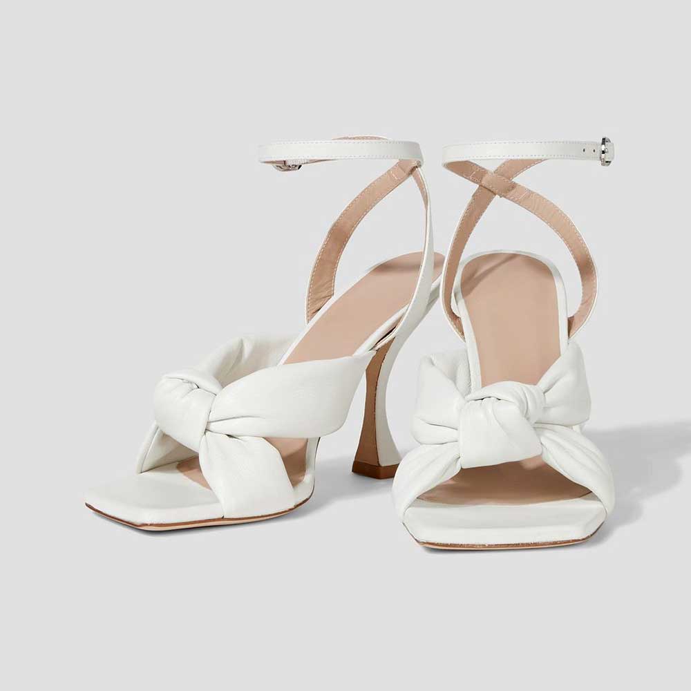 White Square Toe 4'' Fared Heel Ankle Strap Bridal Sandals with Knot Nicepairs