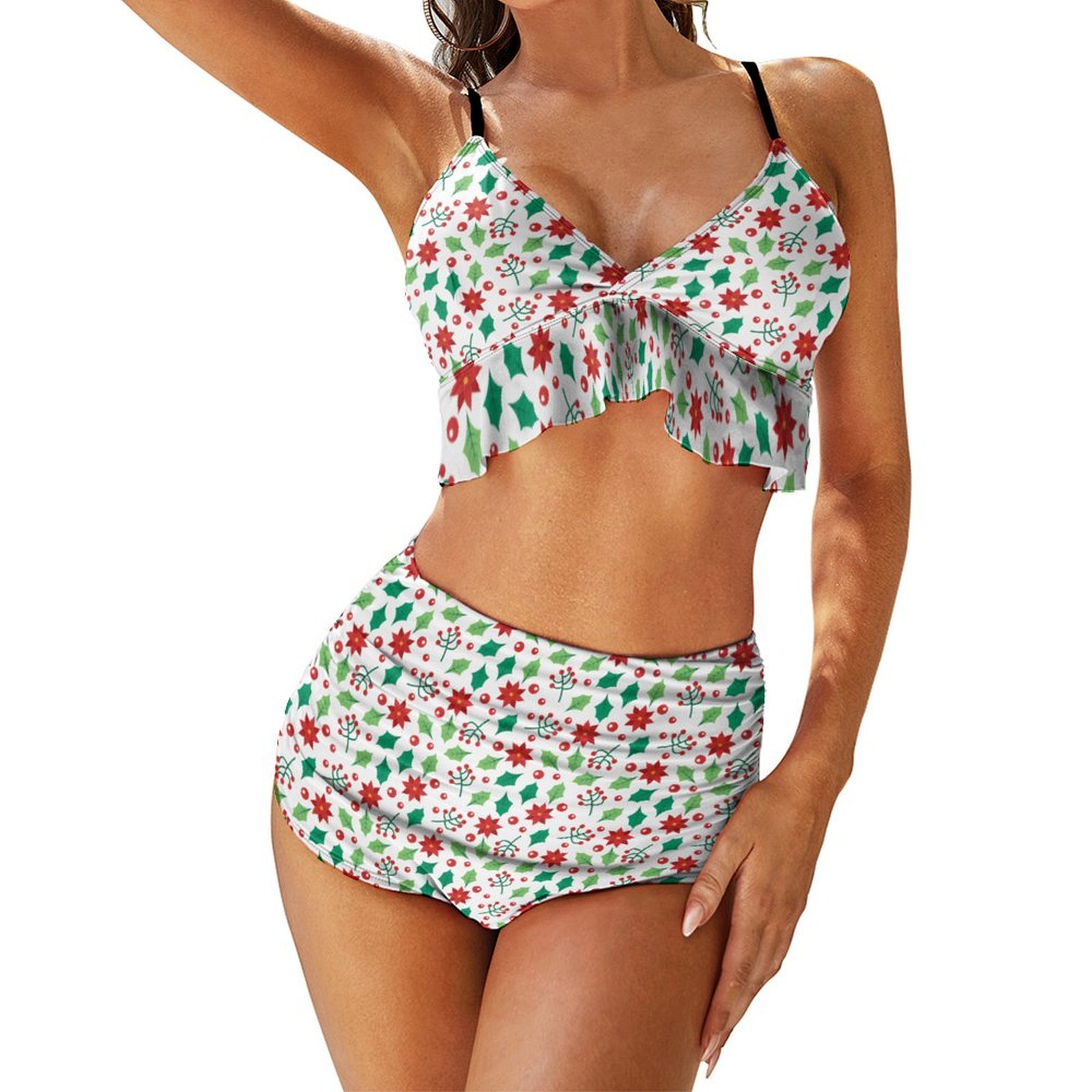 Women's Christmas Repeat High Waisted Pleated Ruffle Bikini Sets