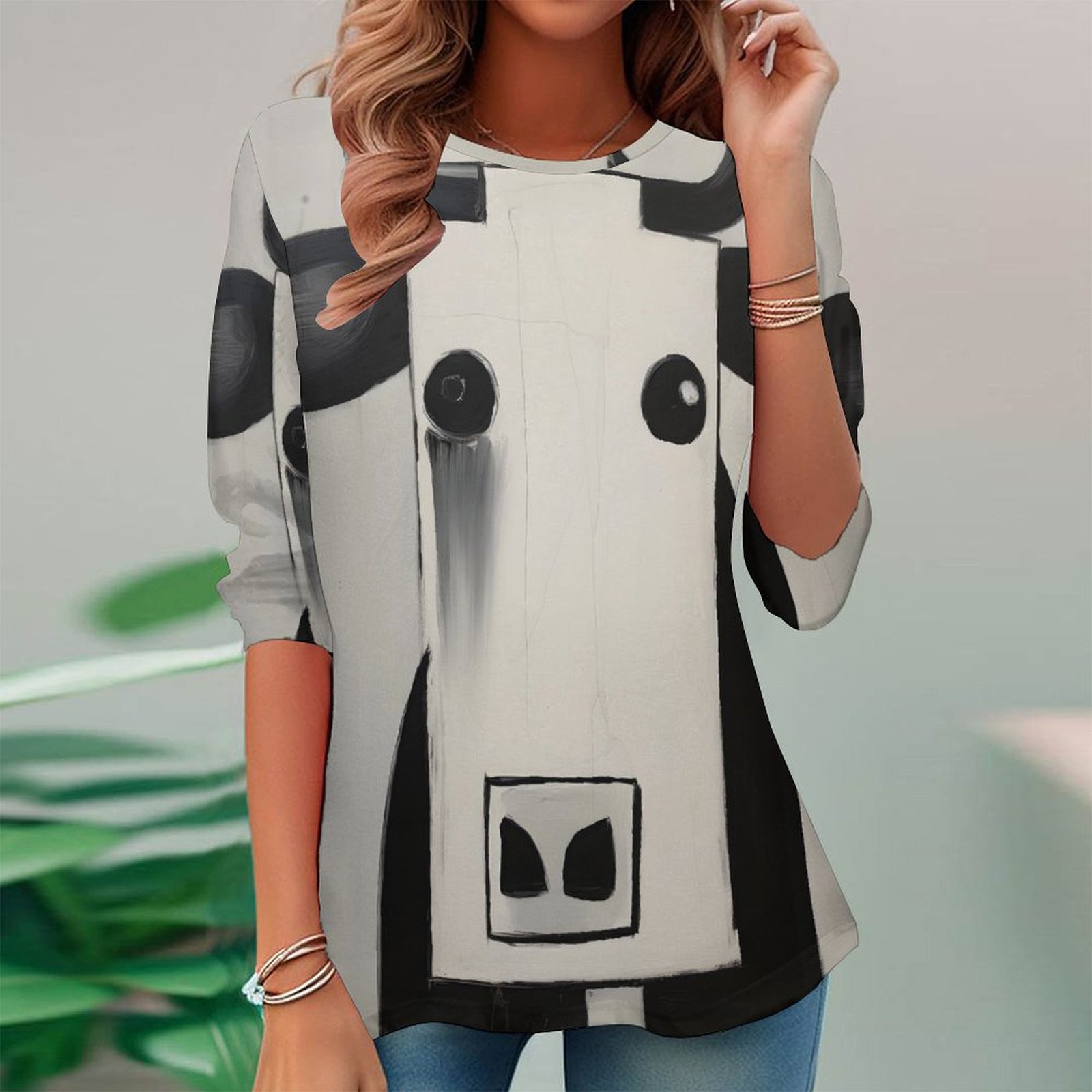 Women Long Sleeve V-neck Graphic Floral Printed Top