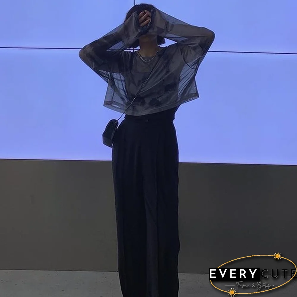 Long Sleeve T-Shirts Women Tie Dye Cropped Translucent Loose College Sun-Proof Fashion Summer Thin Tops Design All-Match Mujer