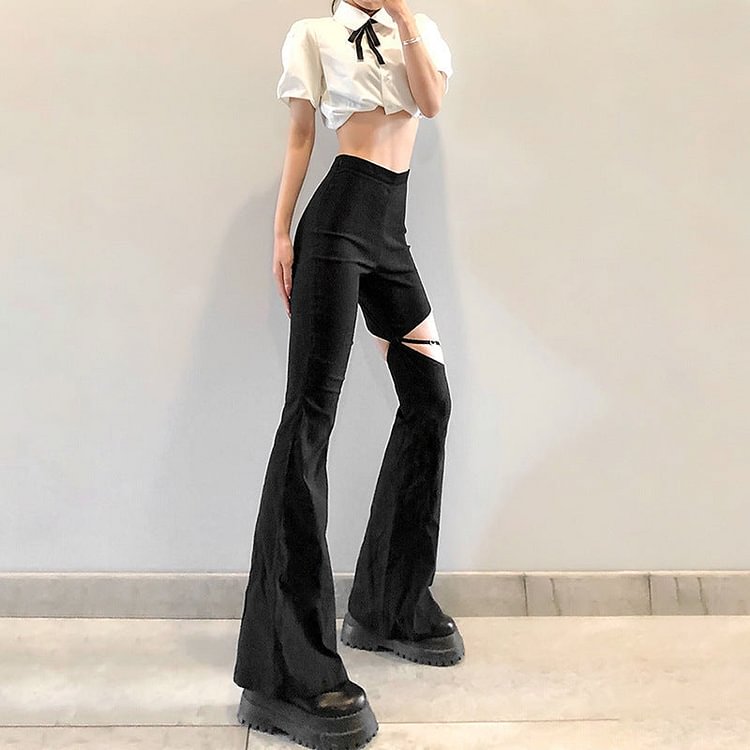 GOTH HIGH WAIST HOLLOW OUT FLARE BLACK PANTS