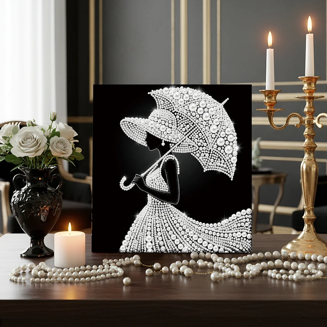 The Wealthy Lady With An Umbrella - DIY Pearl Diamond Art Kit With Frame 25*25cm