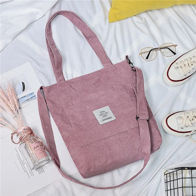 Women Canvas Shoulder Bag Ladies Casual Corduroy Tote Soft Crossbody Bags Books Bag Striped Cloth Female Handbag Shopping Bags