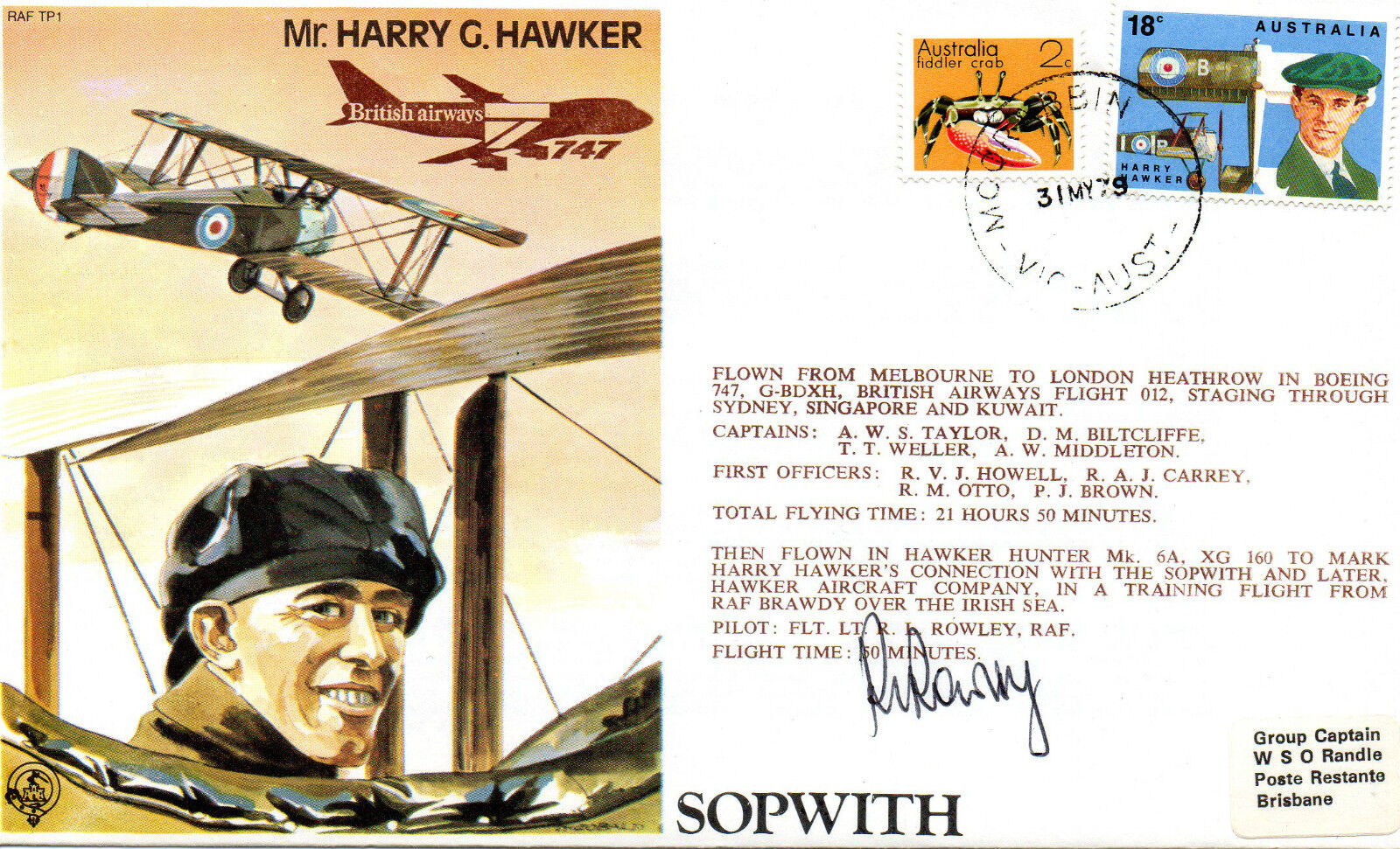 AUTOGRAPHED FIRST DAY COVER FLOWN in 747 and HAWKER HUNTER