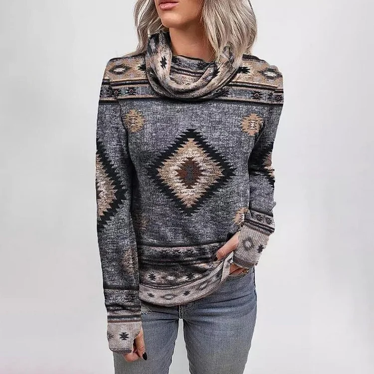 Totem Print Turtleneck Long Sleeve Casual Sweatshirt