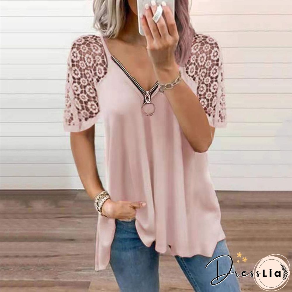 Summer Womens Lace Stitching Short Sleeve Tops Solid Color Loose T-Shirt Fashion Casual
