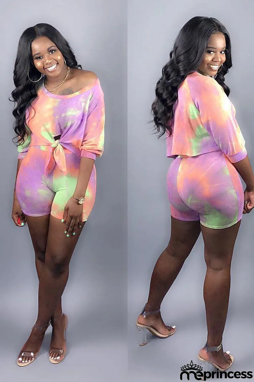 purple Polyester Casual Fashion Two Piece Suits asymmetrical Tie Dye crop top Regular