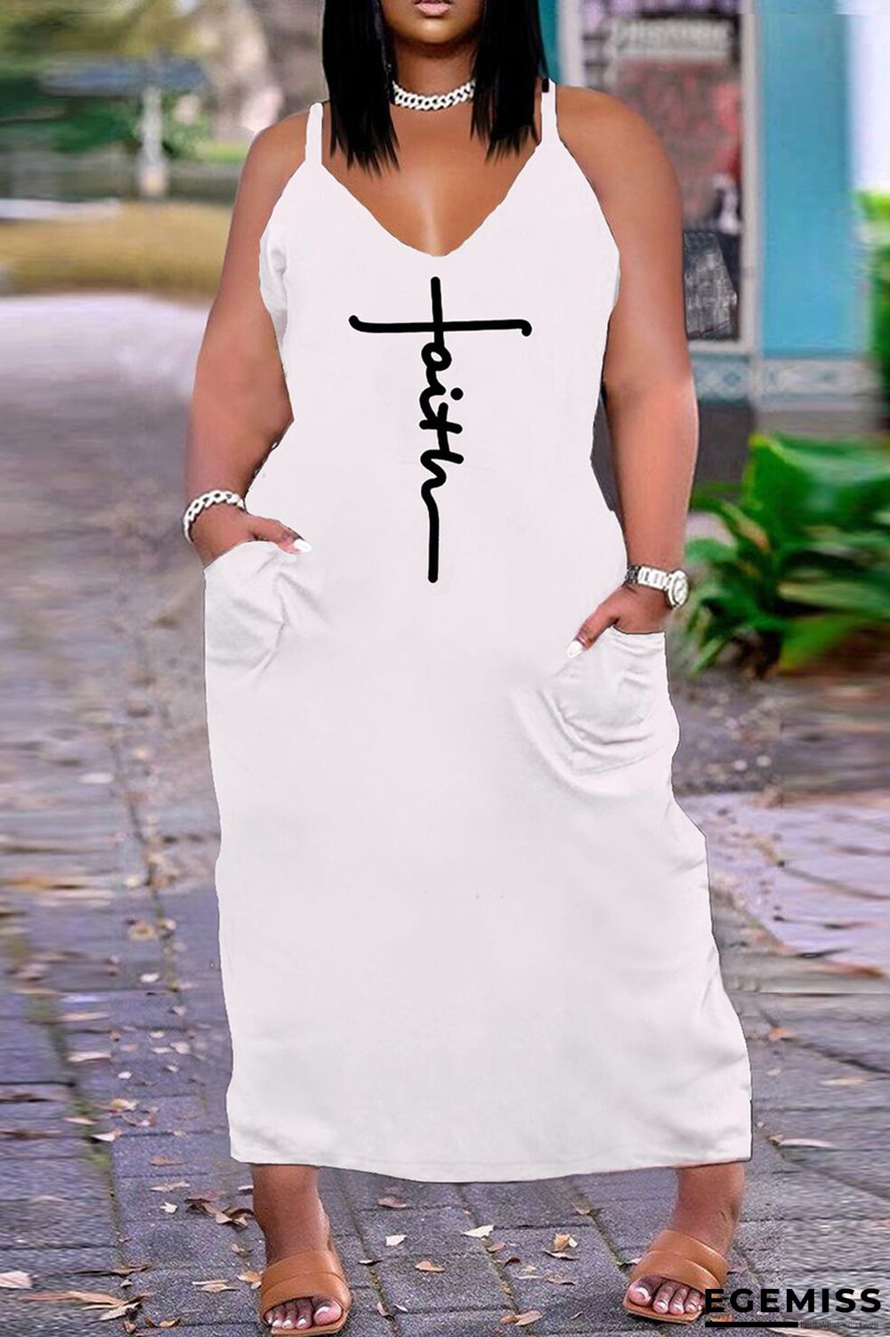 White Black Fashion Sexy Plus Size Print Backless Spaghetti Strap Long Dress | EGEMISS