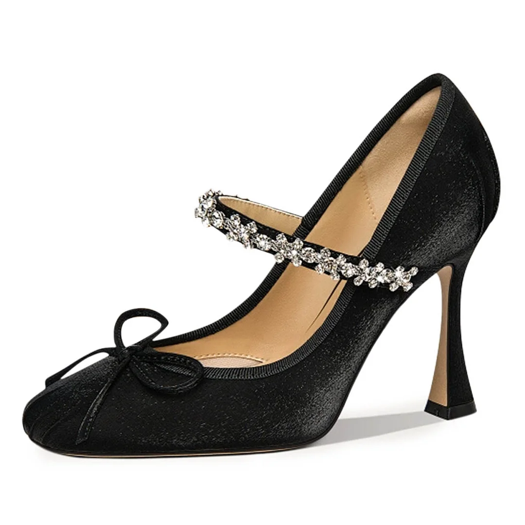 Elegant Velvet Bow Rhinestone Square Toe Flared Heel Black Pumps
