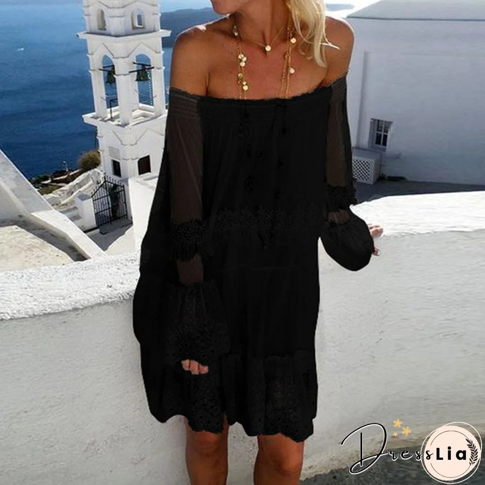 Damen Langarm Off Shoulder Kleid Ballkleid Lace Prom Sexy Holiday Strandkleid