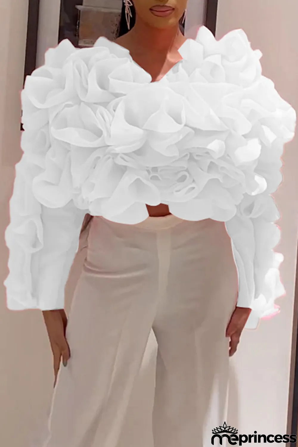 White Elegant Solid Patchwork Appliques O Neck Tops