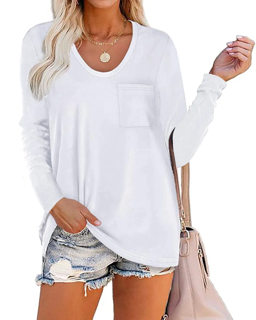 Plain Basic Long Sleeve Tee with Pocket