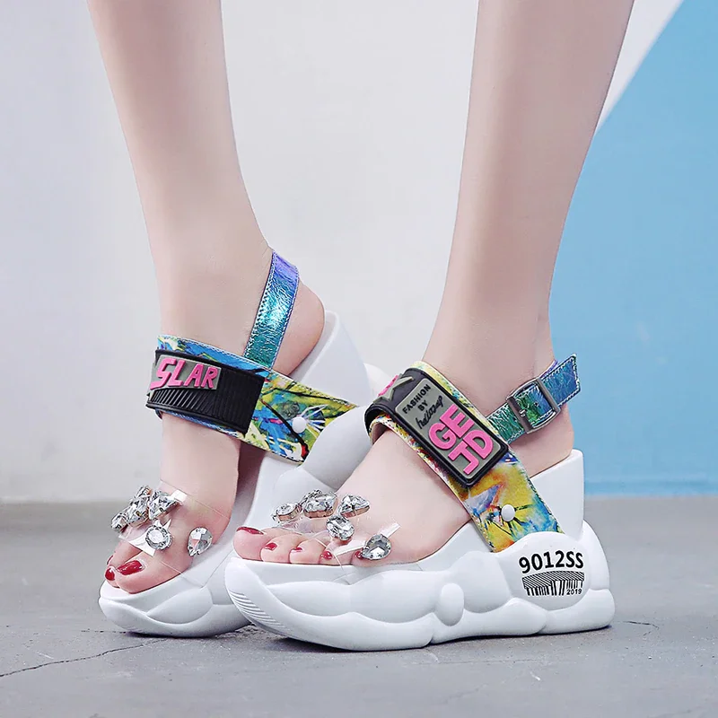 Qengg Sandals Women 2020 Chunky Super High Heels White Summer Fashion Transparent Diamond Wedge Rhinestone Sandals