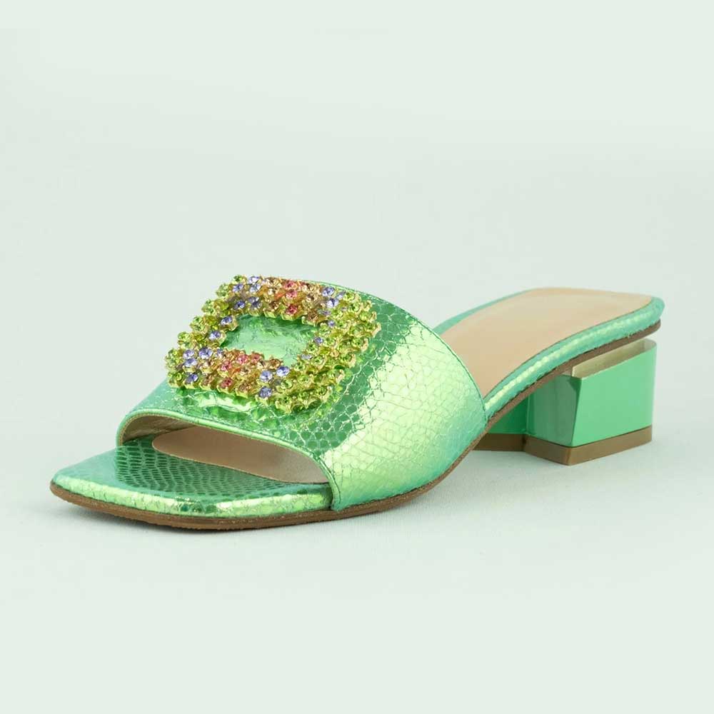 Women's Green Square Toe Block Heel Mules Shoes with Rhinestone Nicepairs