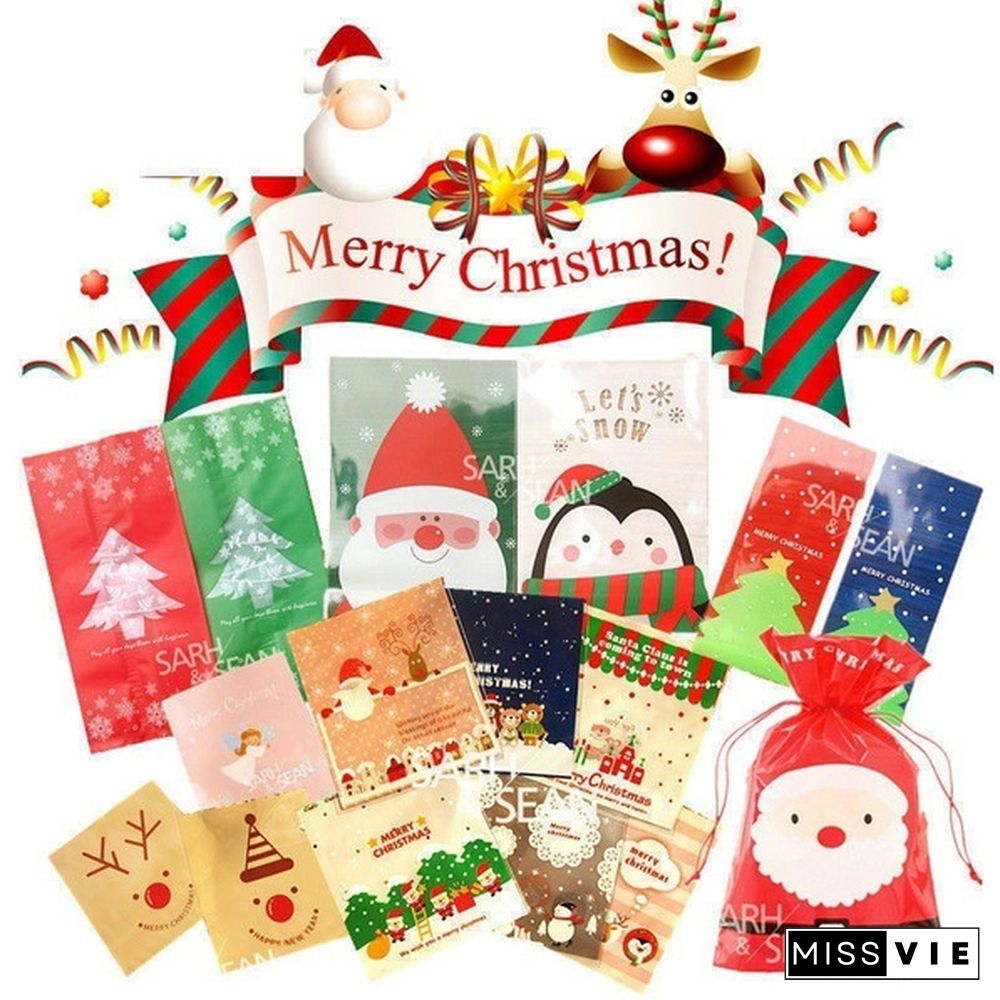100Pcs Merry Christmas Candy Gift Bags Xmas Cellophane Santa Cello Cookies