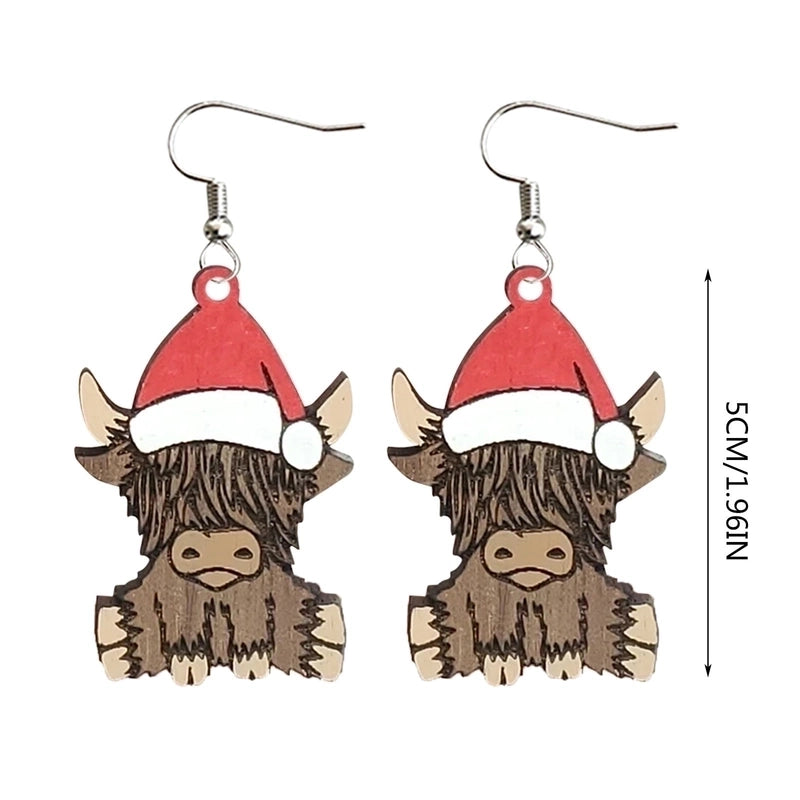 Retro Christmas Hat Cattle Wood Printing Christmas Women’s Earrings 1 Pair