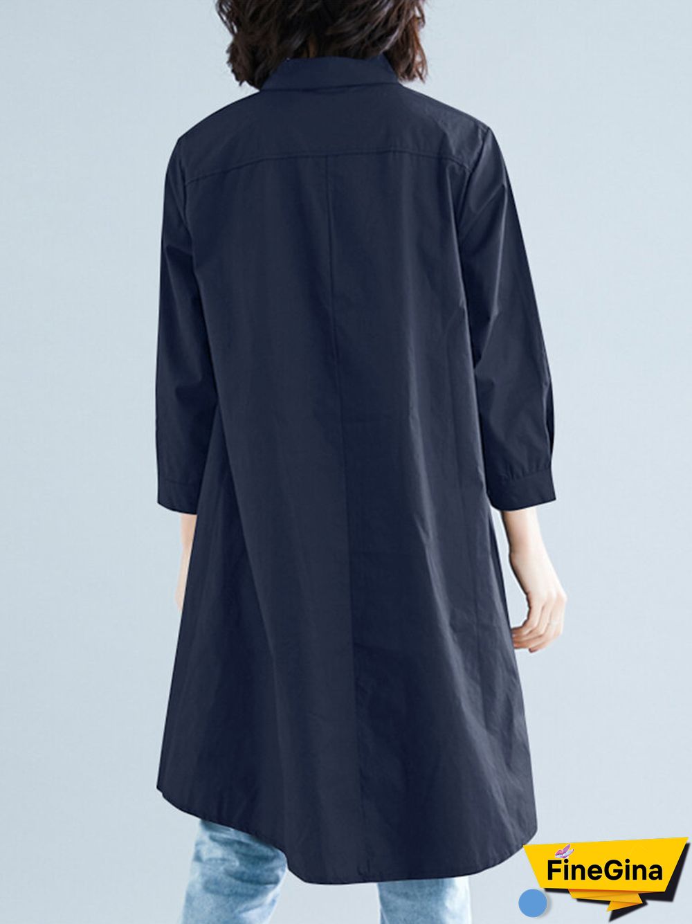 Solid Button High-Low Hem Lapel Loose Casual Shirt