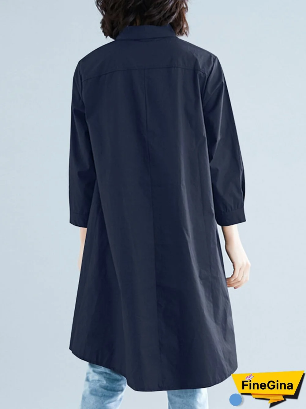 Solid Button High-Low Hem Lapel Loose Casual Shirt