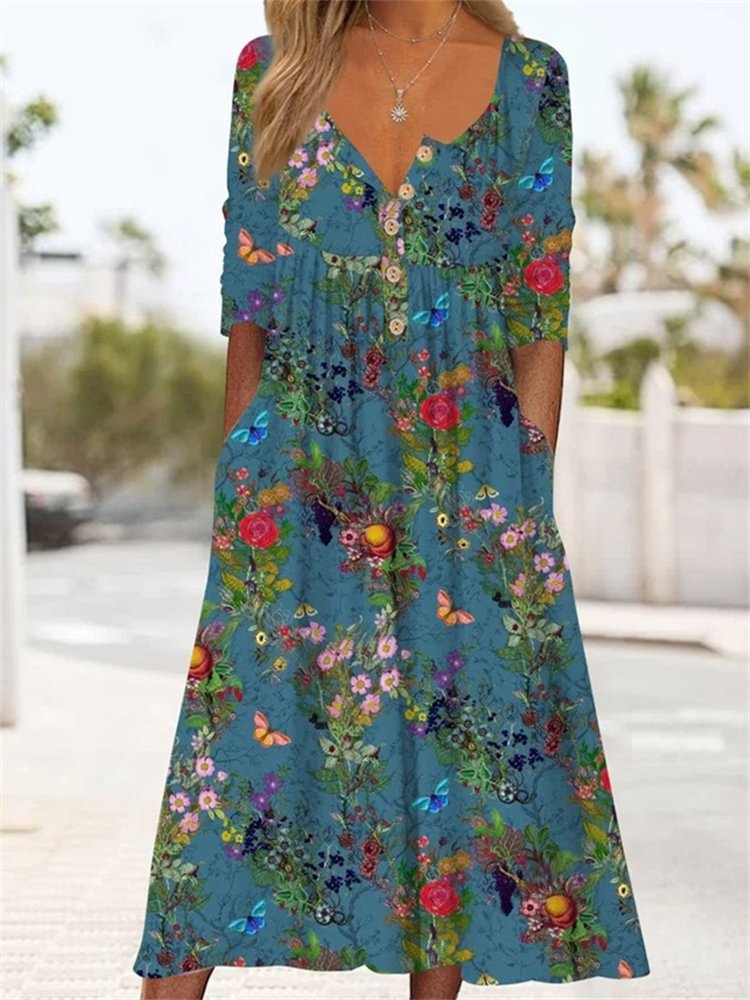 Comstylish Butterflies Floral Art Pleated Button Up Maxi Dress