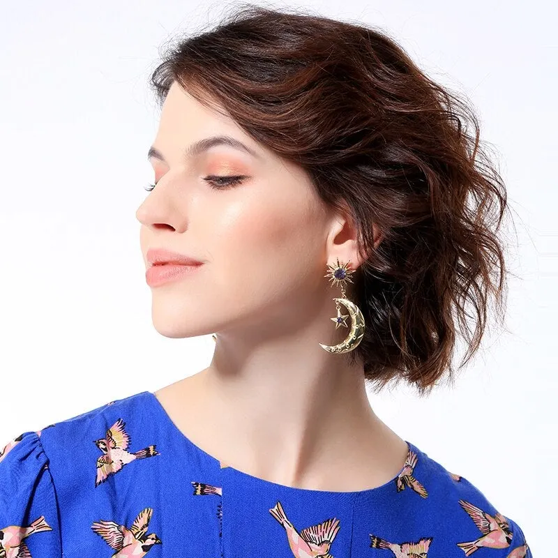 Crystal Crescent Moon & Star Earrings