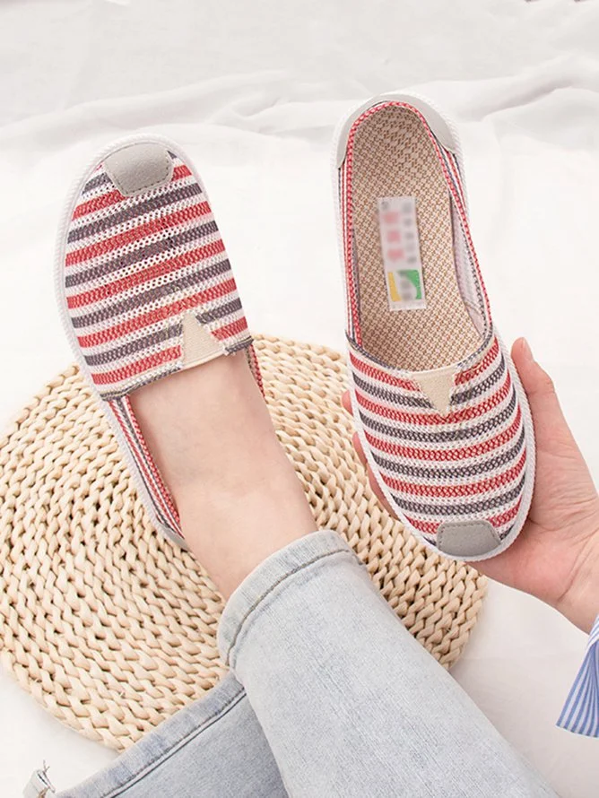 Striped Print Non-slip Soft Sole Round Toe Pumps Canvas Flats | EGEMISS