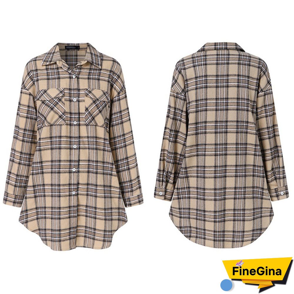 Plus Size Women Plaid Long Shirt Dress Lapel Collar Long Sleeve Pockets Casual Loose Mini Dress S-5XL
